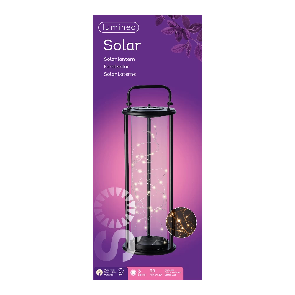 Lumineo Solar Lantaarn - LED - D15 X H42cm - Zwart 3 Lumineo Solar Lantaarn - LED - D15 X H42cm - Zwart